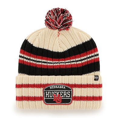 Men's '47 Natural Nebraska Huskers Hone Patch Cuffed Knit Hat with Pom