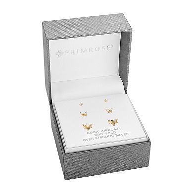 PRIMROSE 18k Gold Plated Cubic Zirconia Flower, Butterfly & Bee Stud Earring Trio Set