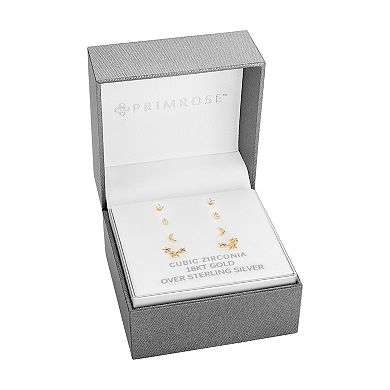 PRIMROSE 4-Pair 18k Gold Plated Cubic Zirconia Star & Crescent Moon Stud Earring Set