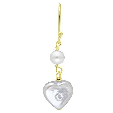 Aleure Precioso 18k Gold Over Silver Heart Shaped Freshwater Cultured Pearl Drop Earrings