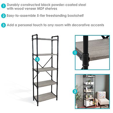 Sunnydaze 5-tier Black Pipe Bookshelf - Wood Veneer Shelves