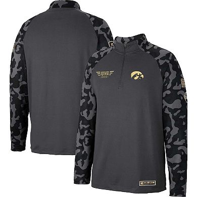 Men's Colosseum Charcoal Iowa Hawkeyes OHT Military Appreciation Long Range Raglan Quarter-Zip Jacket