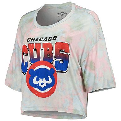 Women's Majestic Threads Chicago Cubs Cooperstown Collection Tie-Dye Boxy Cropped Tri-Blend T-Shirt