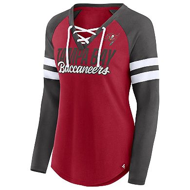 Women's Fanatics Branded Red/Pewter Tampa Bay Buccaneers True to Form Raglan Lace-Up V-Neck Long Sleeve T-Shirt