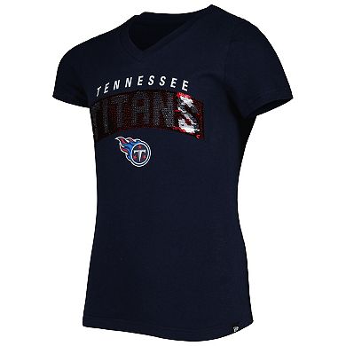 Girls Youth New Era Navy Tennessee Titans Reverse Sequin Wordmark V-Neck T-Shirt