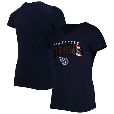 Girls Youth New Era Navy Tennessee Titans Reverse Sequin Wordmark V-Neck T-Shirt