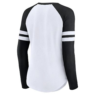 Women's Fanatics Branded White/Black Las Vegas Raiders True to Form Raglan Lace-Up V-Neck Long Sleeve T-Shirt