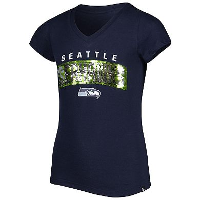 Girls Youth New Era College Navy Seattle Seahawks Reverse Sequin Wordmark V-Neck T-Shirt