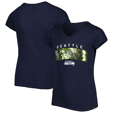 Girls Youth New Era College Navy Seattle Seahawks Reverse Sequin Wordmark V-Neck T-Shirt