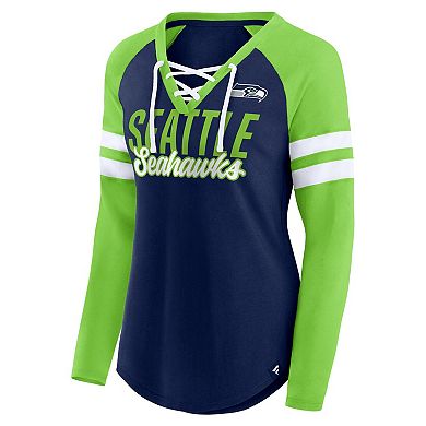 Women's Fanatics Branded College Navy/Neon Green Seattle Seahawks True to Form Raglan Lace-Up V-Neck Long Sleeve T-Shirt