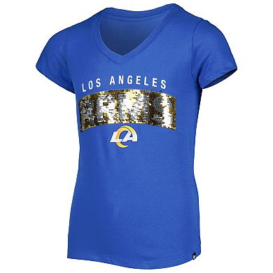 Girls Youth New Era Royal Los Angeles Rams Reverse Sequin Wordmark V-Neck T-Shirt