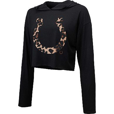 Women's Majestic Threads Black Indianapolis Colts Leopard Cropped Pullover Hoodie