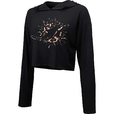 Women's Majestic Threads Black Miami Dolphins Leopard Cropped Pullover Hoodie