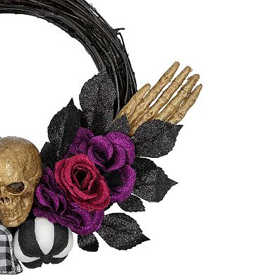 Northlight Skull with Hands & Purple Roses Halloween Artificial Twig Wreath