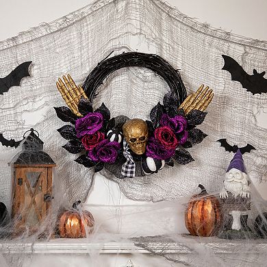 Northlight Skull with Hands & Purple Roses Halloween Artificial Twig Wreath