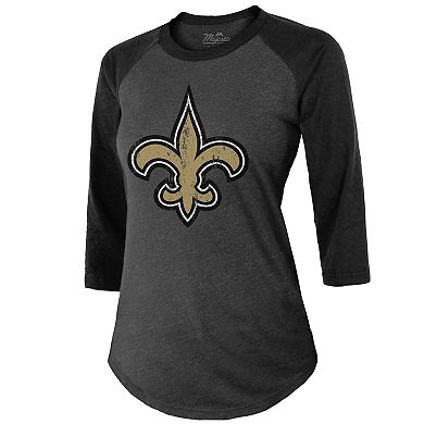 Women's Majestic Threads Tyrann Mathieu Black New Orleans Saints Name & Number Raglan 3/4 Sleeve T-Shirt