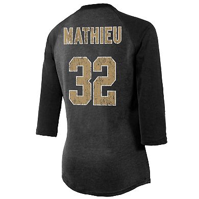 Women's Majestic Threads Tyrann Mathieu Black New Orleans Saints Name & Number Raglan 3/4 Sleeve T-Shirt
