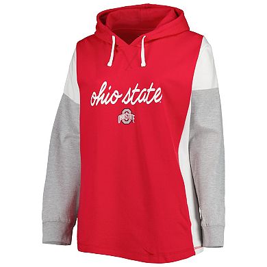 Women's Scarlet/White Ohio State Buckeyes Plus Size Play It Safe Color Block Pullover Hoodie