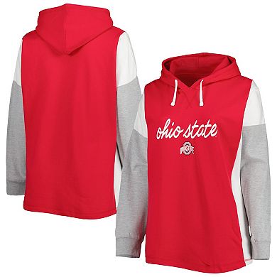 Women's Scarlet/White Ohio State Buckeyes Plus Size Play It Safe Color Block Pullover Hoodie
