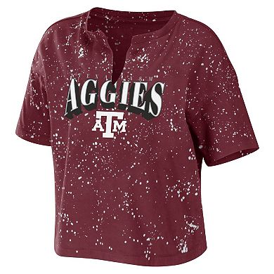 Women's WEAR by Erin Andrews Maroon Texas A&M Aggies Bleach Wash Splatter Cropped Notch Neck T-Shirt