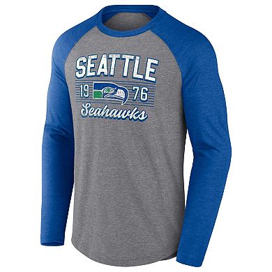 Men's Fanatics Branded Heathered Gray/Heathered Royal Seattle Seahawks Weekend Casual Raglan Long Sleeve T-Shirt