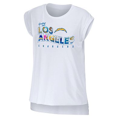 Women's WEAR by Erin Andrews White Los Angeles Chargers Greetings From Muscle T-Shirt