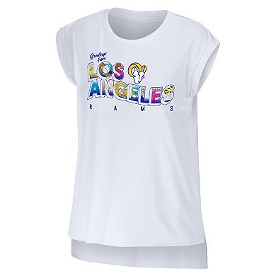 Women's WEAR by Erin Andrews White Los Angeles Rams Greetings From Muscle T-Shirt