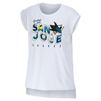 Women's WEAR by Erin Andrews White San Jose Sharks Greetings From Muscle T-Shirt