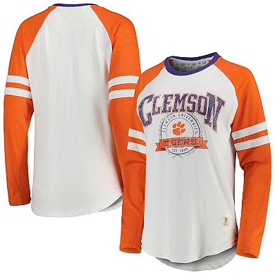 Women's Pressbox White/Orange Clemson Tigers Brooking Sleeve Stripe Raglan Long Sleeve T-Shirt
