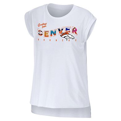 Women's WEAR by Erin Andrews White Denver Broncos Greetings From Muscle T-Shirt