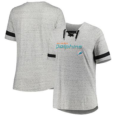 Women's Heather Gray Miami Dolphins Plus Size Lace-Up V-Neck T-Shirt
