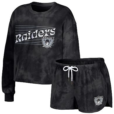 Women's WEAR by Erin Andrews Black Las Vegas Raiders Tie-Dye Cropped Pullover Sweatshirt & Shorts Lounge Set