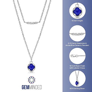 Gemminded Sterling Silver 1/8 Carat T.W. Diamond Blue Ceramic Layered Bar & Pendant Necklace