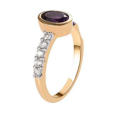 14k Gold Over Silver Oval Amethyst & White Zircon Accent Ring