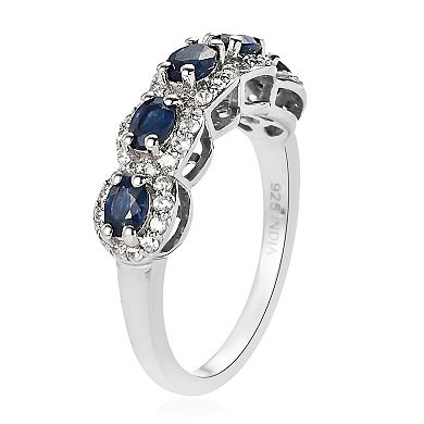 Sterling Silver Oval Sapphire & White Zircon Accent 5-Stone Ring