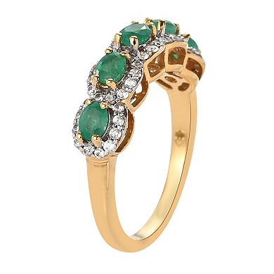 14k Gold Over Silver Oval Emerald & White Zircon Accent 5-Stone Ring