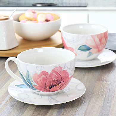 Gibson Everyday 12 Piece Ceramic Flora 18 Ounce Cup and Saucer Set in White