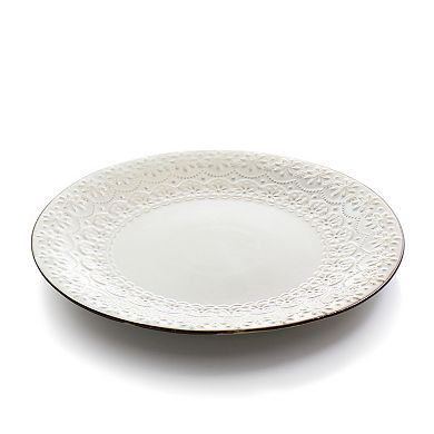 Elama Countess 16 Piece Embossed Double Bowl Stoneware Dinnerware Set in Ivory
