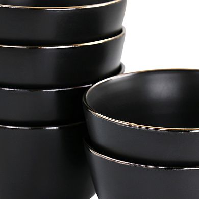 Elama Paul 6 Piece Stoneware Bowl Set in Matte Black with Gold Rim