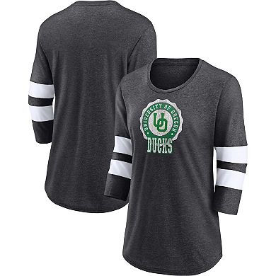 Women's Fanatics Branded Heathered Charcoal Oregon Ducks Drive Forward Tri-Blend 3/4-Sleeve T-Shirt