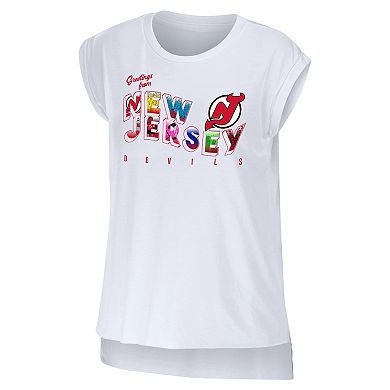 Women's WEAR by Erin Andrews White New Jersey Devils Greetings From Muscle T-Shirt