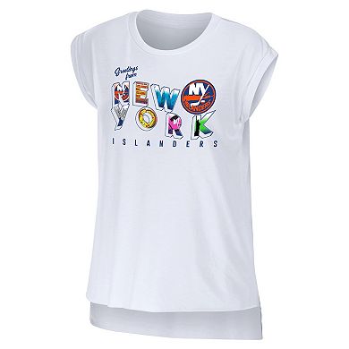Women's WEAR by Erin Andrews White New York Islanders Greetings From Muscle T-Shirt