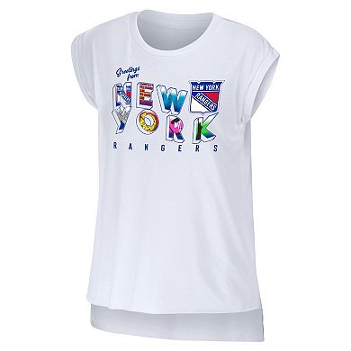 Women's WEAR by Erin Andrews White New York Rangers Greetings From Muscle T-Shirt