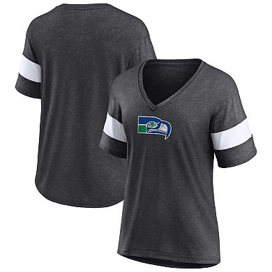 Women's Fanatics Branded Heathered Charcoal Seattle Seahawks Throwback Logo Tri-Blend Striped V-Neck T-Shirt