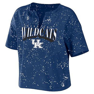 Women's WEAR by Erin Andrews Royal Kentucky Wildcats Bleach Wash Splatter Cropped Notch Neck T-Shirt