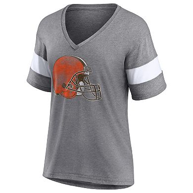 Women's Fanatics Branded Heathered Gray/White Cleveland Browns Distressed Team Tri-Blend V-Neck T-Shirt