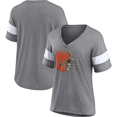 Women's Fanatics Branded Heathered Gray/White Cleveland Browns Distressed Team Tri-Blend V-Neck T-Shirt