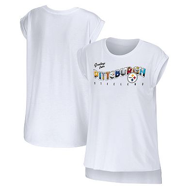 Women's WEAR by Erin Andrews White Pittsburgh Steelers Greetings From Muscle T-Shirt