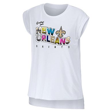 Women's WEAR by Erin Andrews White New Orleans Saints Greetings From Muscle T-Shirt