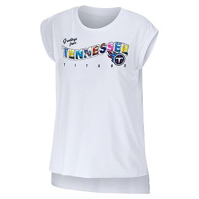 Women's WEAR by Erin Andrews White Tennessee Titans Greetings From Muscle T-Shirt